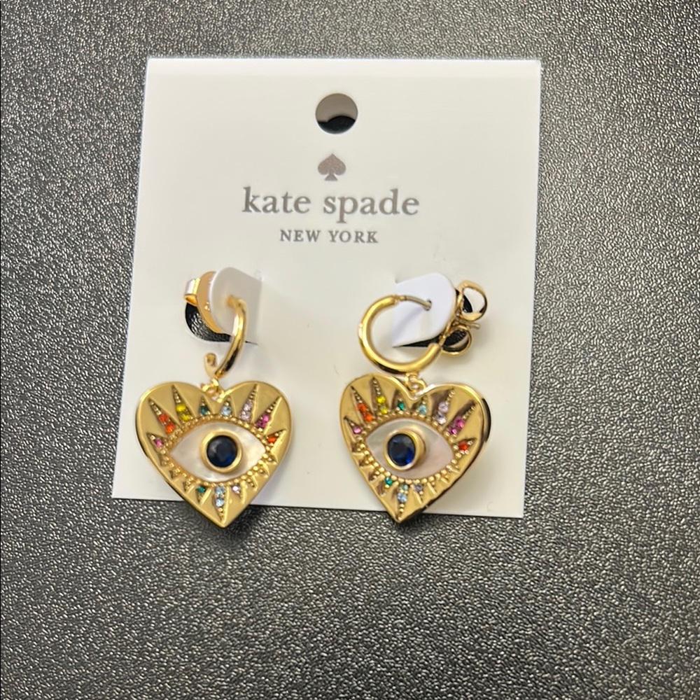 Kate Spade Gold Heart Earrings with Colorful Eye Design - Picture 2 of 2